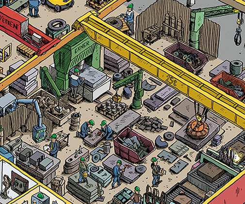 Wimmelbild Stahlwerk